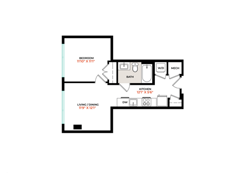 Floor plan for 1 bed, 1 bath, 529 sqft